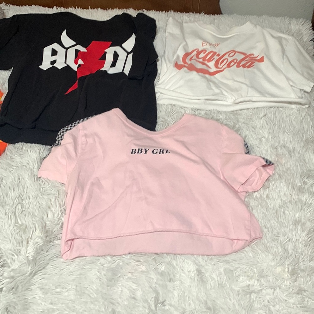 3 crop tops , pink, black , and white AC/DC cocacola and “ bby girl “ shirt